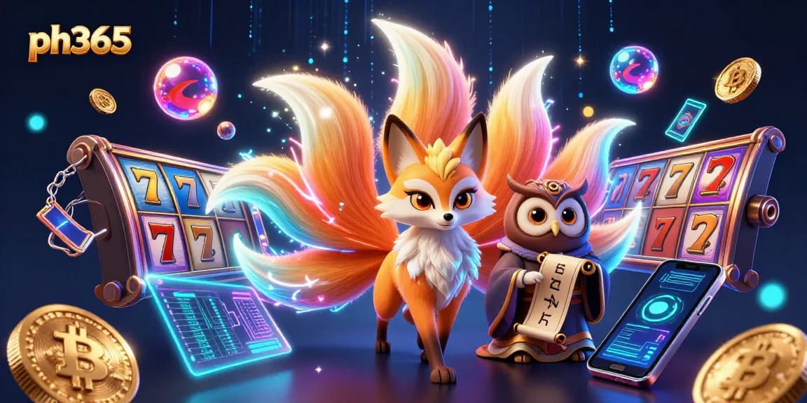 Engage in dynamic casino adventures at ph365 with playful characters amidst slots and crypto elements.