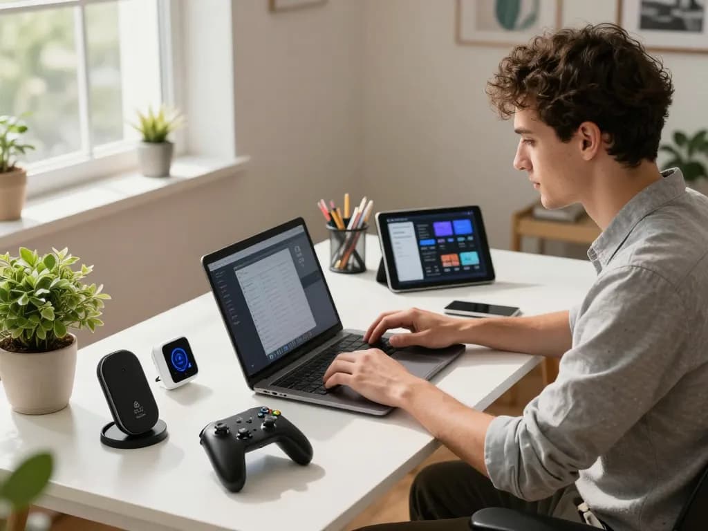 Professional using smart tech gadgets like Bluetooth controllers and a tablet in a stylish workspace.