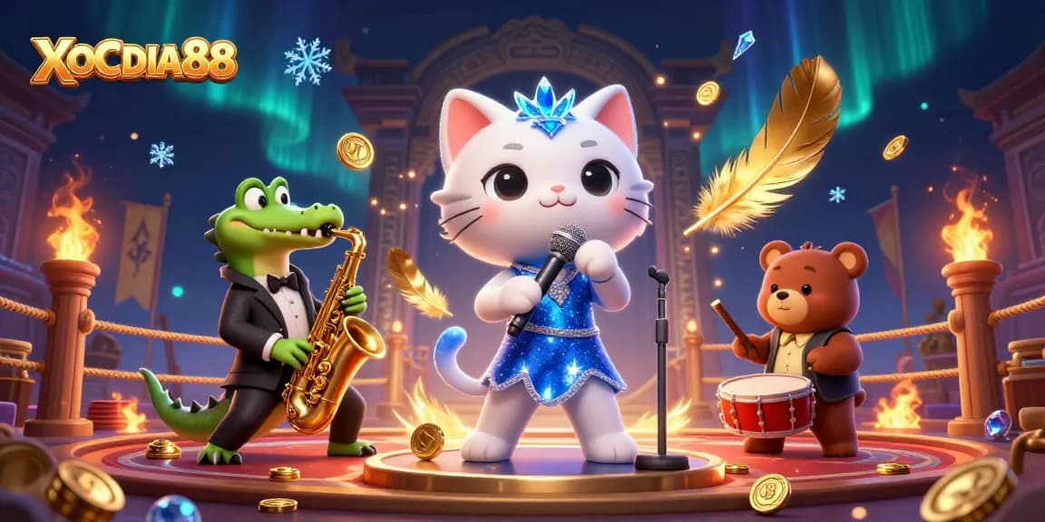 Join the fun with XOCDIA88's jazz-singer cat, saxophone crocodile, and drumming bear cub in a vibrant online casino scene.