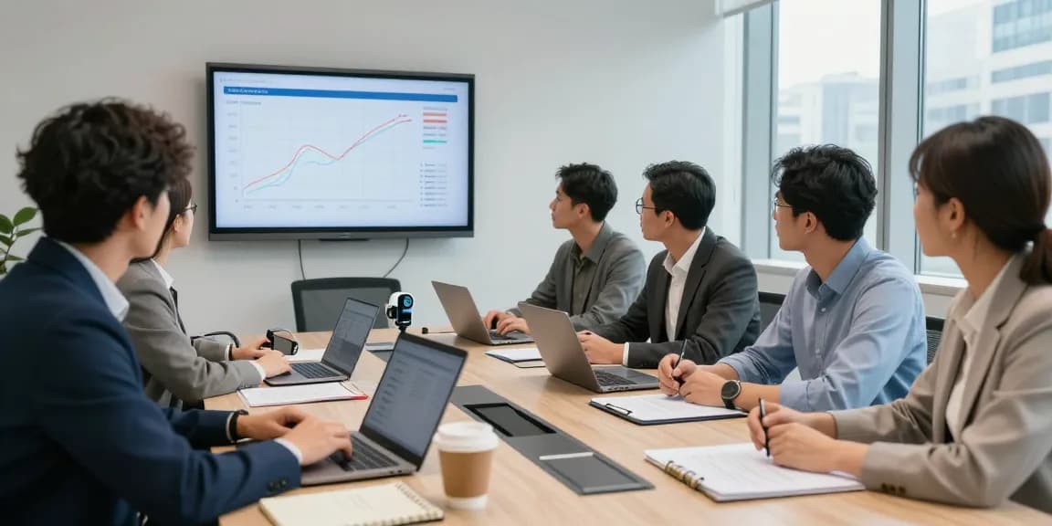Team analyzing data from a business electricity half hourly meter in a modern office setting.