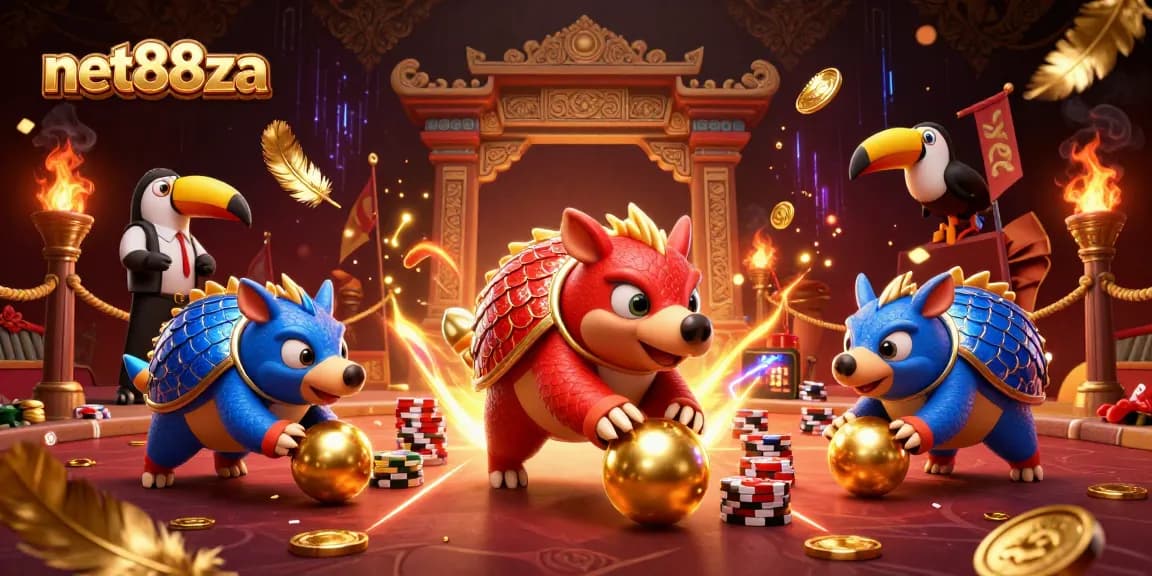 Engage in thrilling gameplay at net88za with a vibrant scene of pangolin rivals battling in a casino arena.