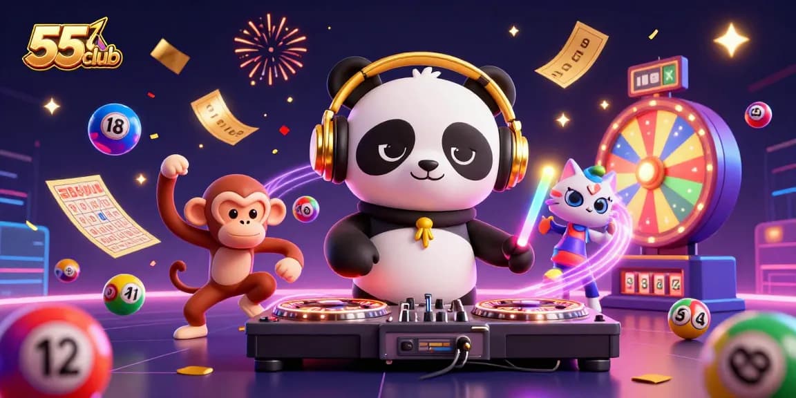 Celebrate with 55club as DJ panda spins roulette-themed turntables amidst vibrant party energy.