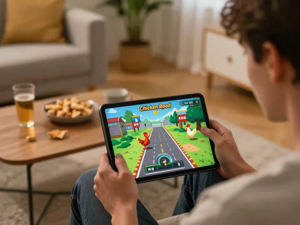 Scena coinvolgente di gameplay di Chicken Road recensioni su un tablet nel comfort di casa, mostrando l'emozione del casinò online.