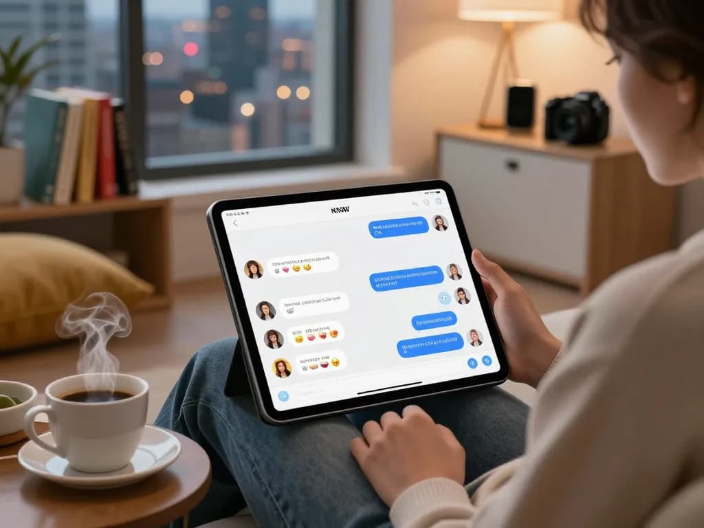Experience NSFW AI chat on a tablet in a cozy lounge filled with modern decor and ambient lighting.
