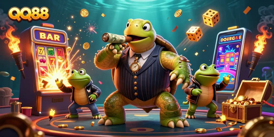 Win big at QQ88 with a vibrant casino scene featuring a mobster turtle and dynamic slot machine action.