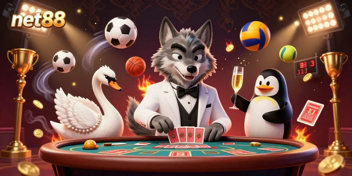 Experience the excitement of net88 with a debonair wolf, elegant swan, and sophisticated penguin in a dynamic casino scene.
