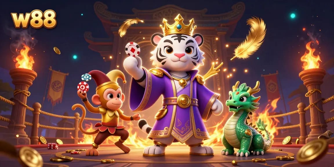 w88 enhances the gambling experience with a lively 3D scene showcasing charismatic characters in a vibrant casino setting
