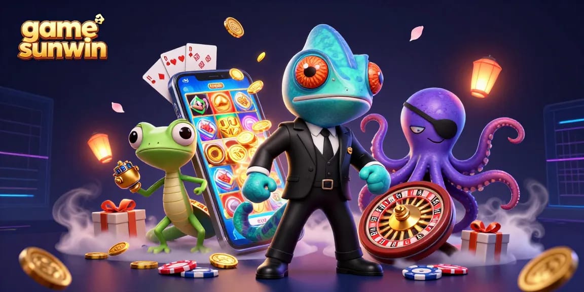 Engage with game sunwin in this vibrant scene featuring cartoon characters and casino elements.