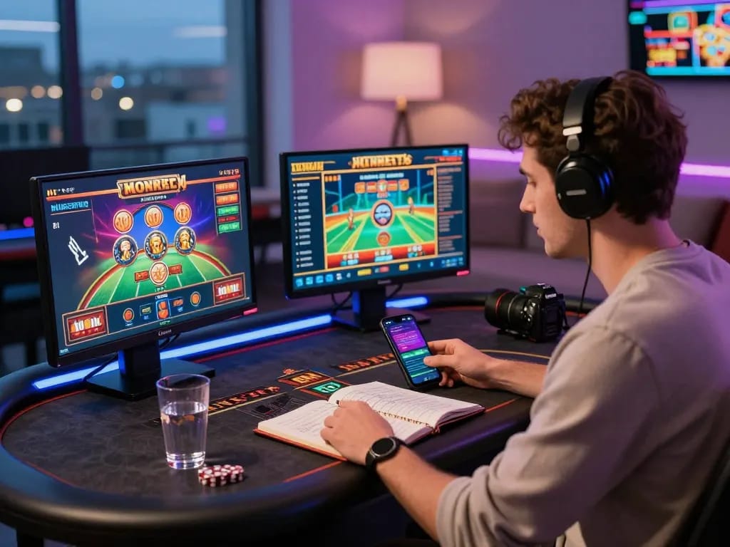 Engaged player exploring 99ok online betting platform at modern gaming desk.