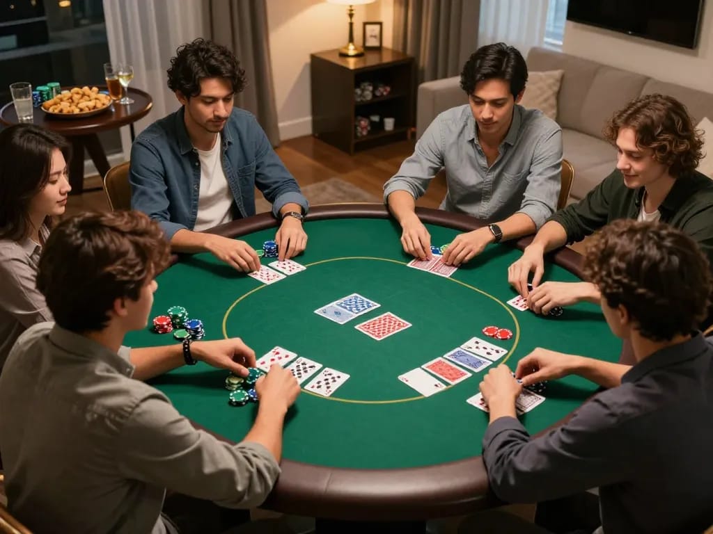 Friends enjoying a poker game at home with cm88's poker chips and cards on a green felt table.