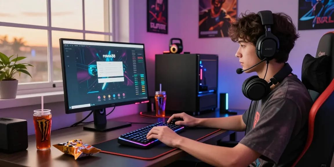 Player utilizing rokok88 login on a high-end gaming laptop in a vibrant digital workspace filled with ambient lighting and gaming gear.