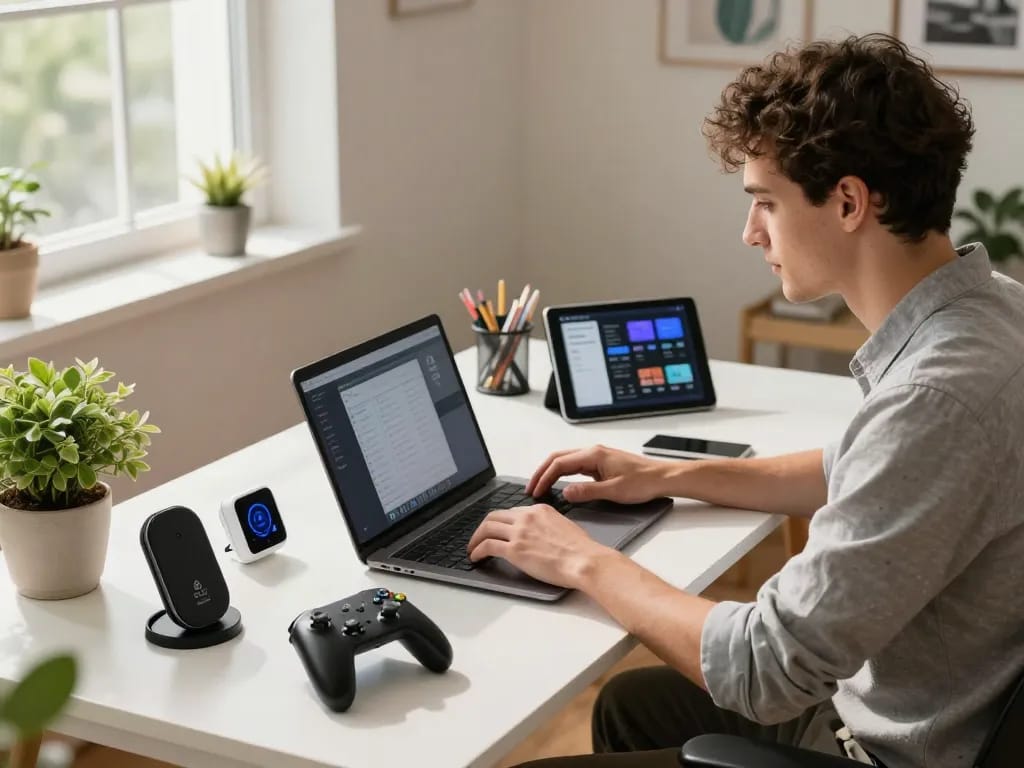 Professional using smart tech gadgets like Bluetooth controllers and a tablet in a stylish workspace.