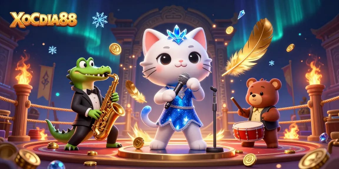 Join the fun with XOCDIA88's jazz-singer cat, saxophone crocodile, and drumming bear cub in a vibrant online casino scene.