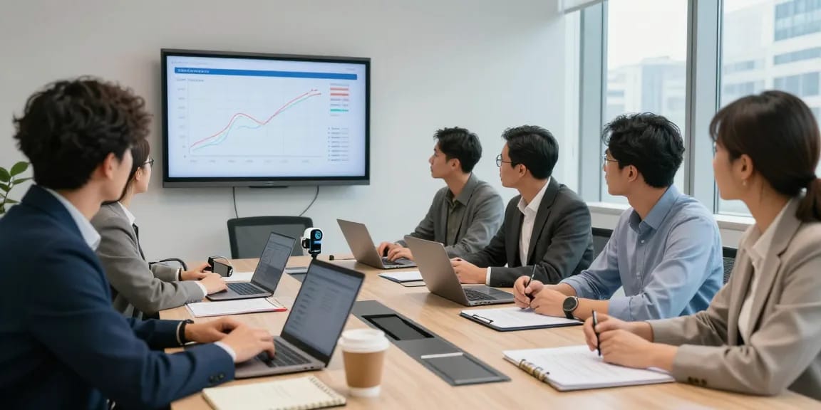 Team analyzing data from a business electricity half hourly meter in a modern office setting.