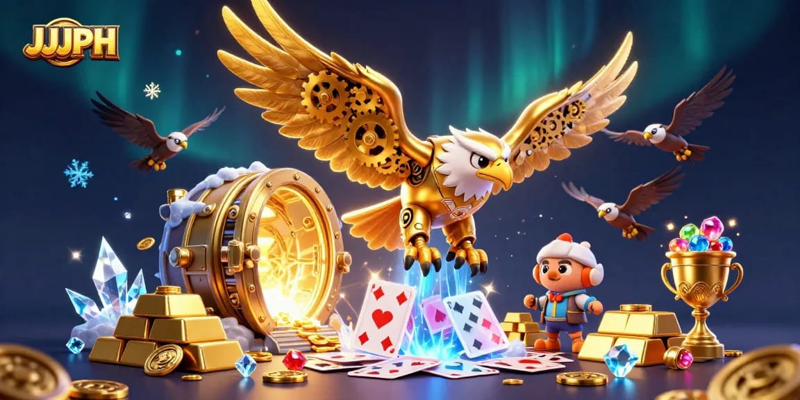 Engage with JJJPH's thrilling 3D illustration of a golden eagle amidst cascading holographic cards.