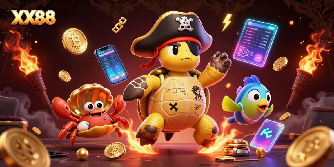 Engage with wild online adventures at XX88, featuring lively 3D pirate turtle and vibrant treasures.