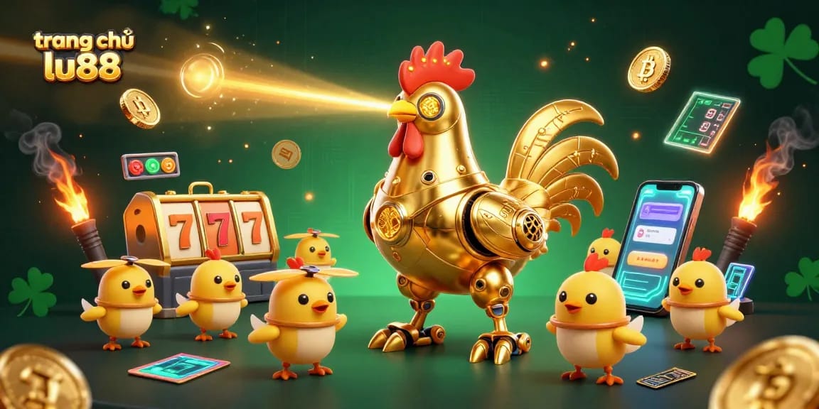 Engage with the vibrant scene of trang chủ lu88, showcasing a golden rooster robot amidst mesmerizing slot game elements
