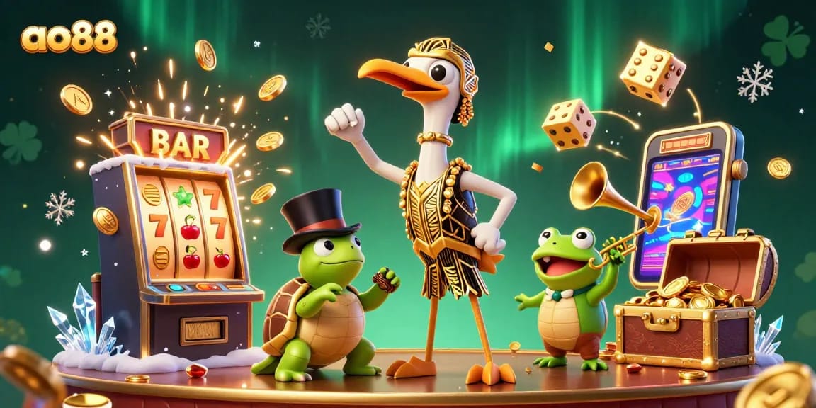 Experience thrilling jackpots with ao88, featuring a vibrant 3D casino scene bursting with excitement and energy.