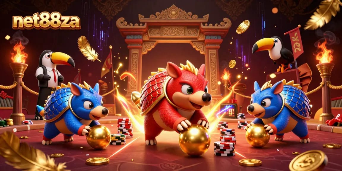 Engage in thrilling gameplay at net88za with a vibrant scene of pangolin rivals battling in a casino arena.