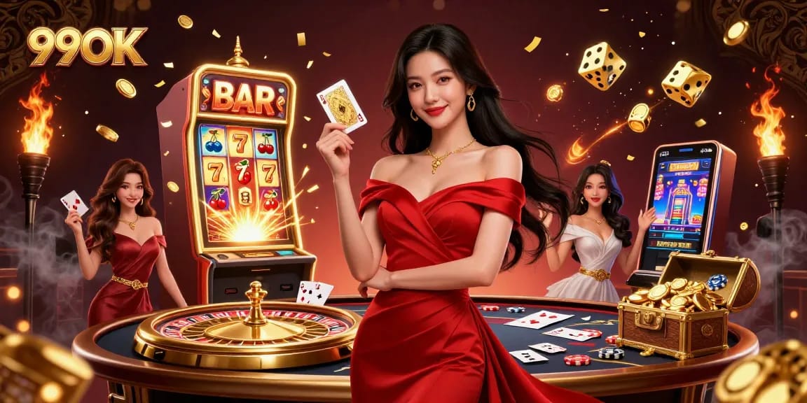 Experience winning at 99OK with a glamorous casino scene featuring slot machines and roulette.