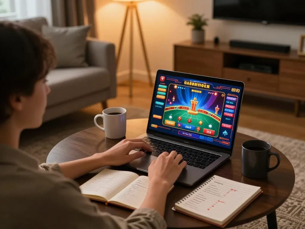 Engaging with Link Jun88 while playing casino games in a cozy home setup for a strategic gaming experience.