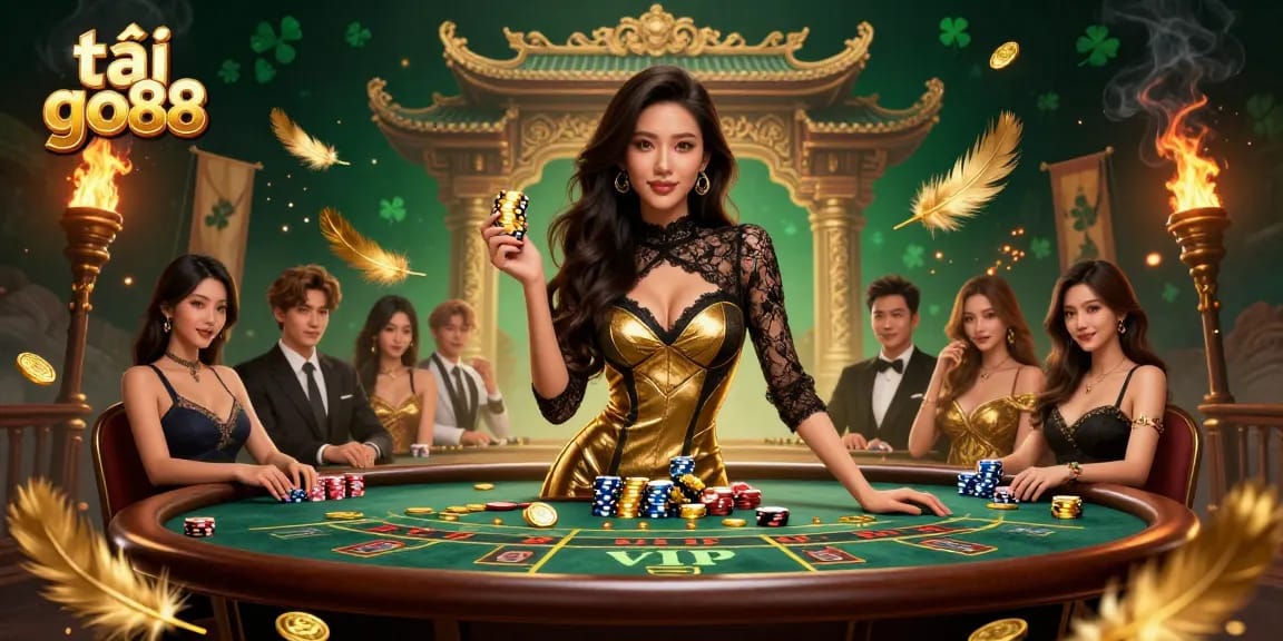 Experience the thrill of tải go88 at a luxurious casino table with glamorous players and gold details.