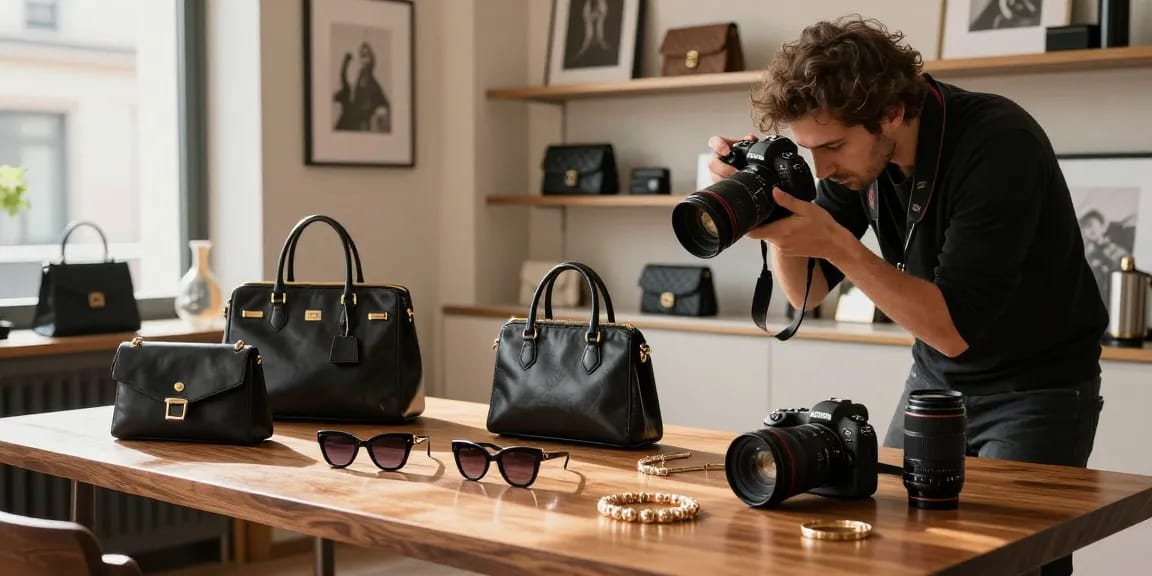 Fotografo still life Milano che organizza accessori di lusso in uno studio chic.