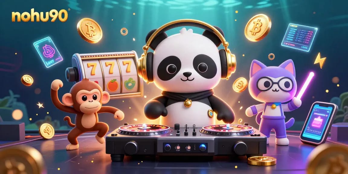 Play exciting games with nohu90 slot reels and vibrant characters in a dynamic casino scene.
