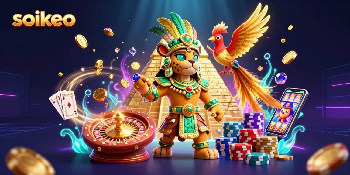 Place bets and win with soikeo's vibrant 3D casino scene featuring dynamic game elements.
