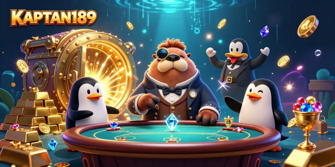KAPTEN189 mempersembahkan ilustrasi kasino 3D penuh warna dengan walrus ceria, dealer penguin, dan pemain pufferfish di meja poker.