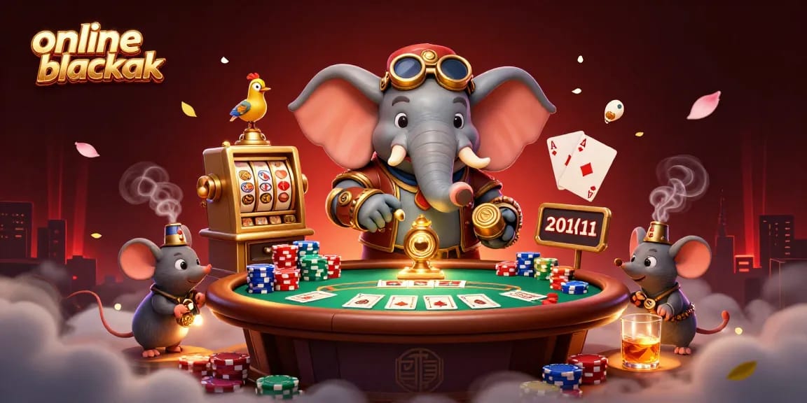 Engage in online blackjack action with a steampunk elephant managing a vibrant casino scene.