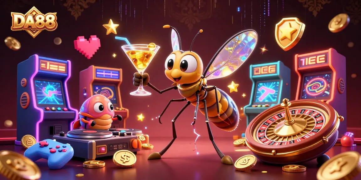 Experience thrilling gameplay at DA88 with a vibrant casino scene featuring a unique mascot.