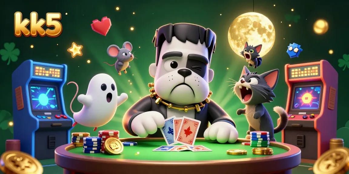 kk5's lively casino scene features a Frankenstein dog, ghost mouse, and werewolf kitten playing cards.