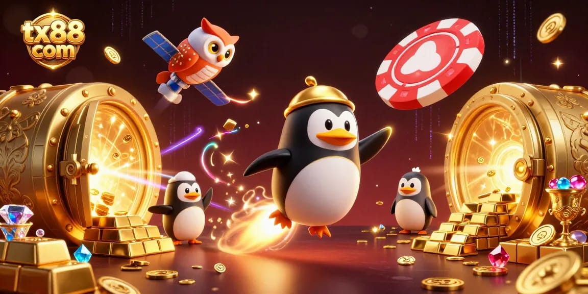 Experience immersive gaming with tx88 com, featuring a golden penguin amidst casino treasures.