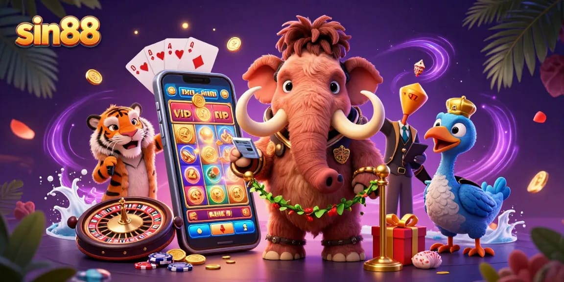 Engage with sin88's vibrant casino scene featuring a woolly mammoth bouncer, saber-tooth guest, and dodo doorman.