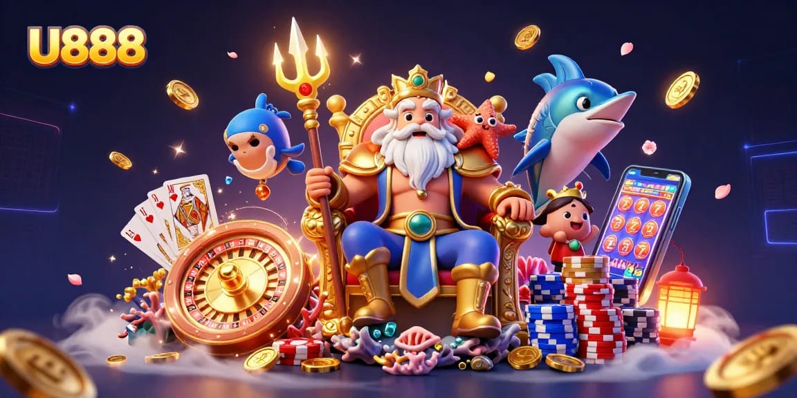 Experience the thrill of U888 with Neptune and treasures in this vibrant casino illustration.