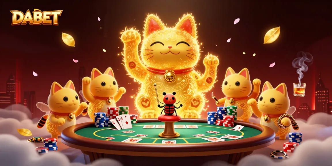 DABET showcases an engaging 3D illustration featuring a lucky cat made of golden fireflies amidst casino elements.