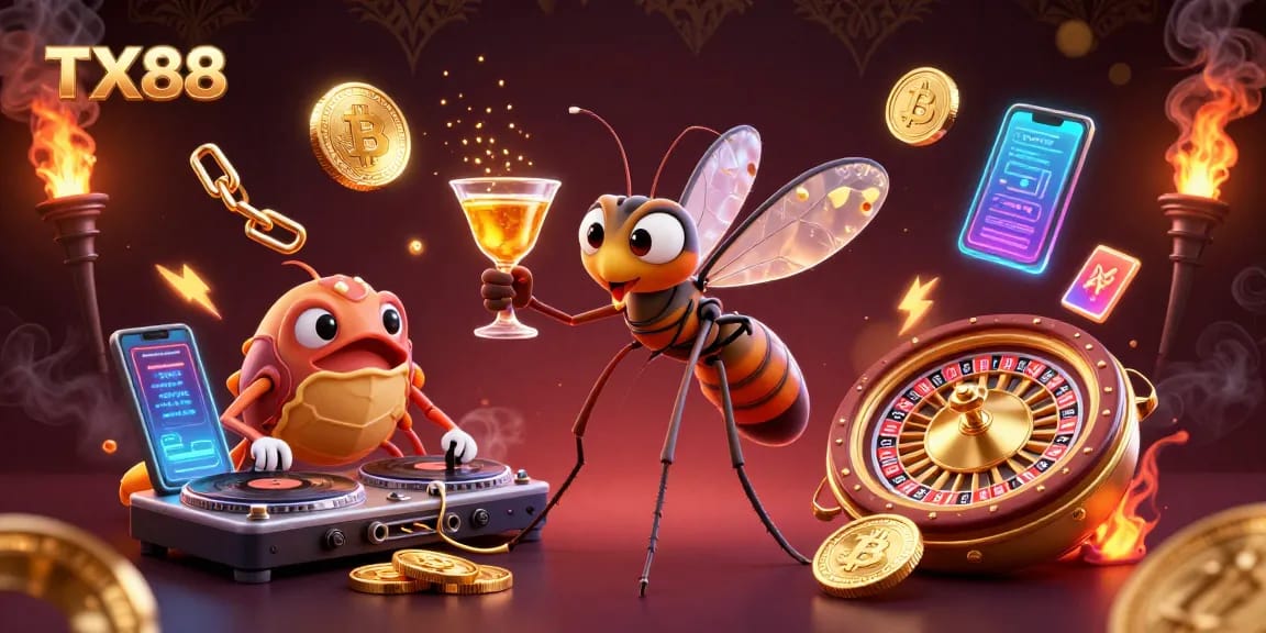 Experience the vibrant world of TX88 with a lively casino scene featuring unique characters and modern digital gambling elements.