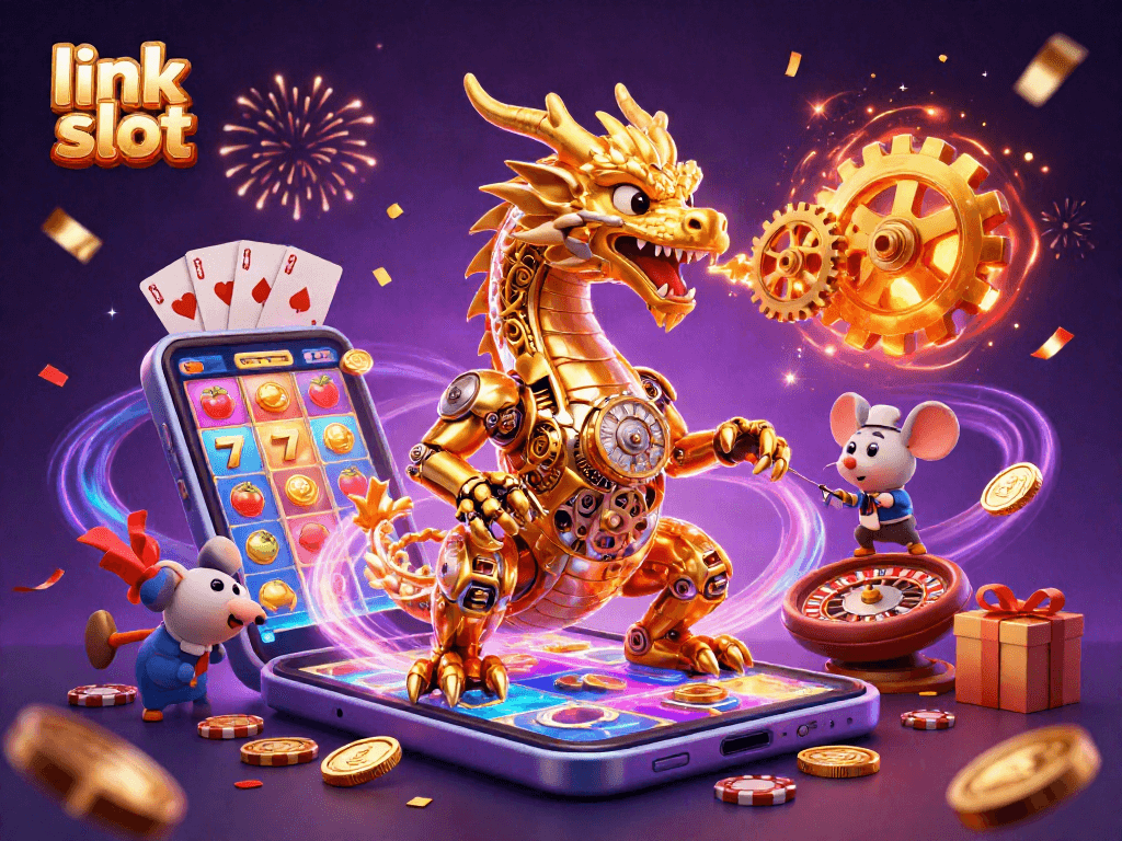 Engage with link slot games featuring golden dragon and vibrant slot elements in a dynamic scene.