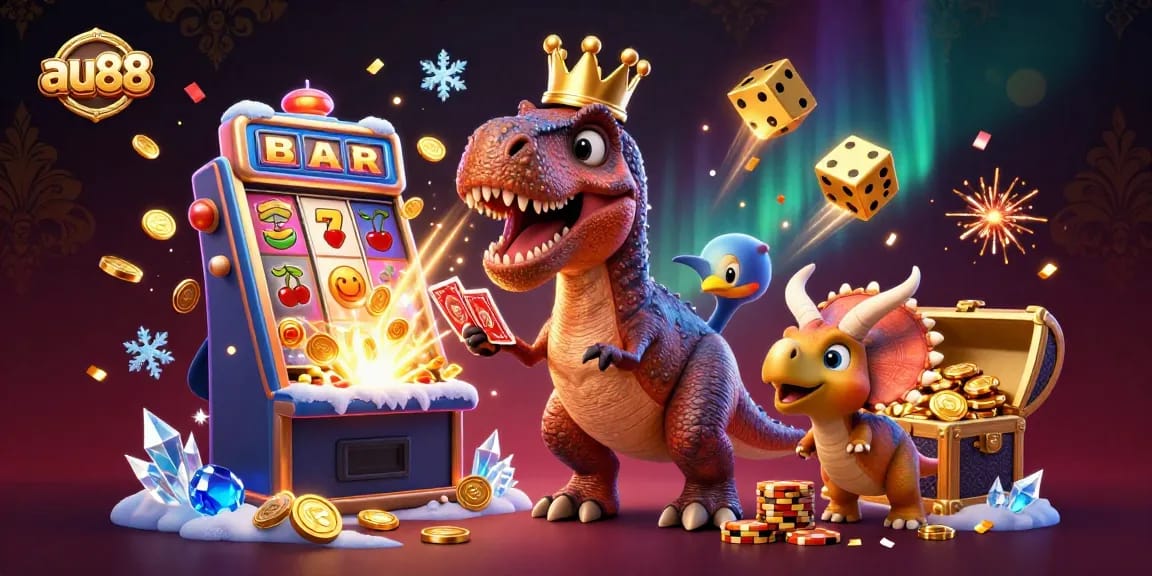 Engage in thrilling card games at au88 with vibrant characters and jackpot elements surrounding a dynamic casino illustration.