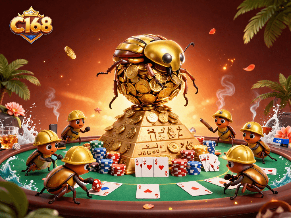 C168 showcases a golden beetle rolling coins, emphasizing immersive casino excitement.