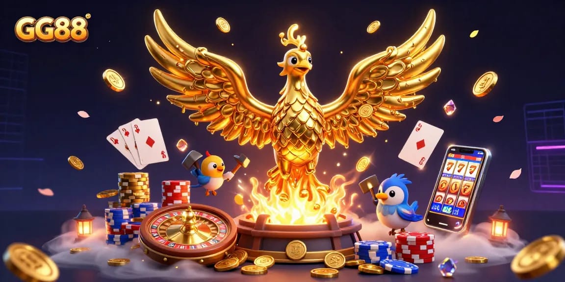 Experience the thrill of GG88 casino gaming with a molten golden phoenix and dynamic gambling elements.