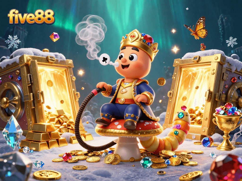 Experience five88's thrilling gambling world with a vibrant 3D cartoon illustration packed with mesmerizing casino elements.