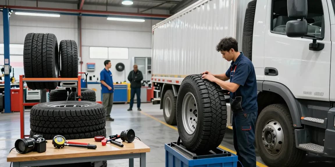 Double Coin RR99 tire installation at an automotive service station with a technician at work.