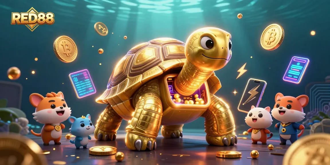 Play slots at RED88 with vibrant games and vibrant crypto elements, showcasing the excitement of online gaming.