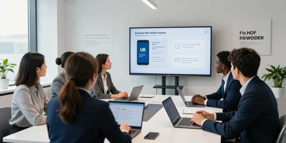 Comparing business mobile deals UK in a modern office meeting setting with professionals discussing strategies