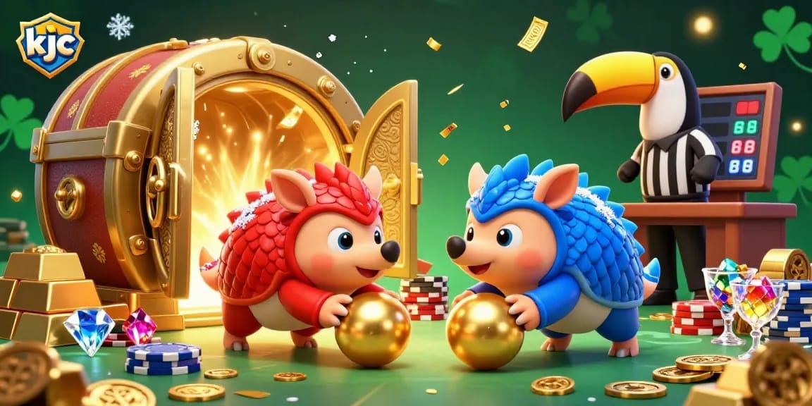 KJC pangolins compete in a vibrant casino scene filled with gold coins and poker chips, showcasing dynamic gambling action.