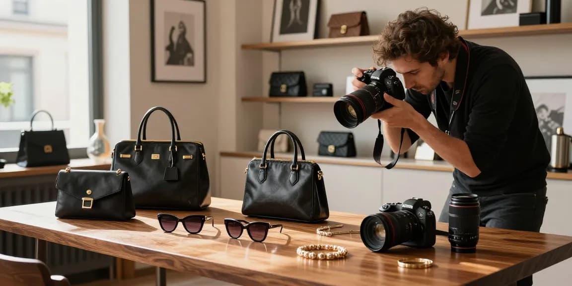 Fotografo still life Milano che organizza accessori di lusso in uno studio chic.