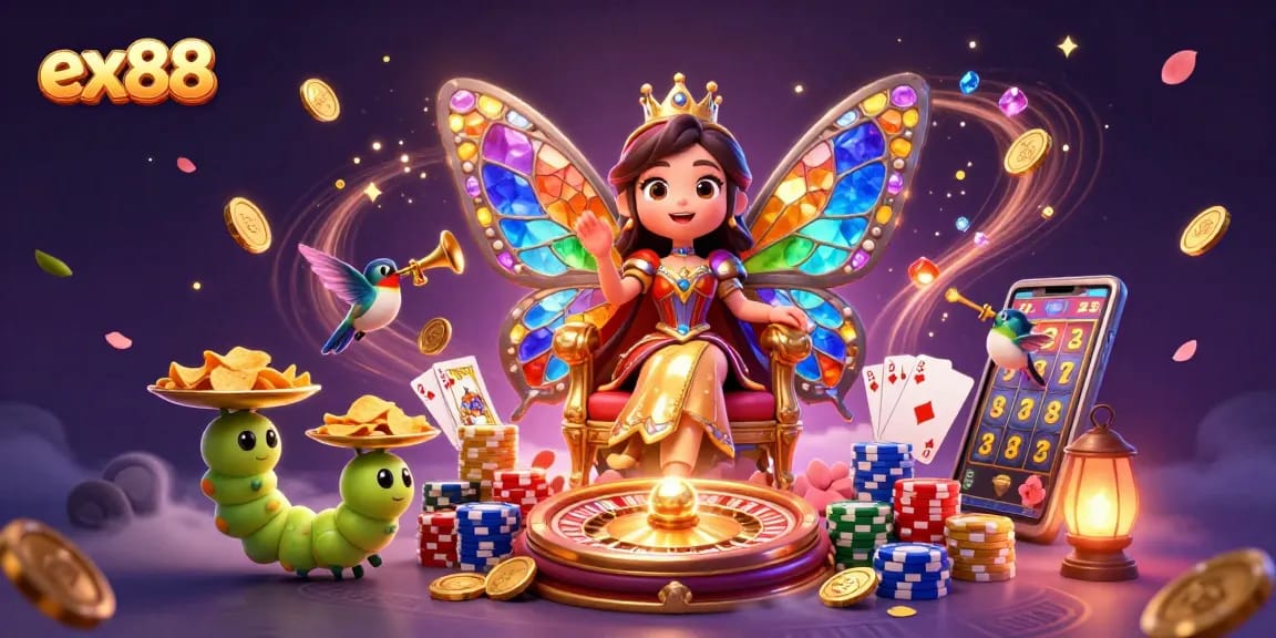 Experience exciting games at ex88 with a vibrant casino illustration depicting a butterfly queen and dynamic elements.