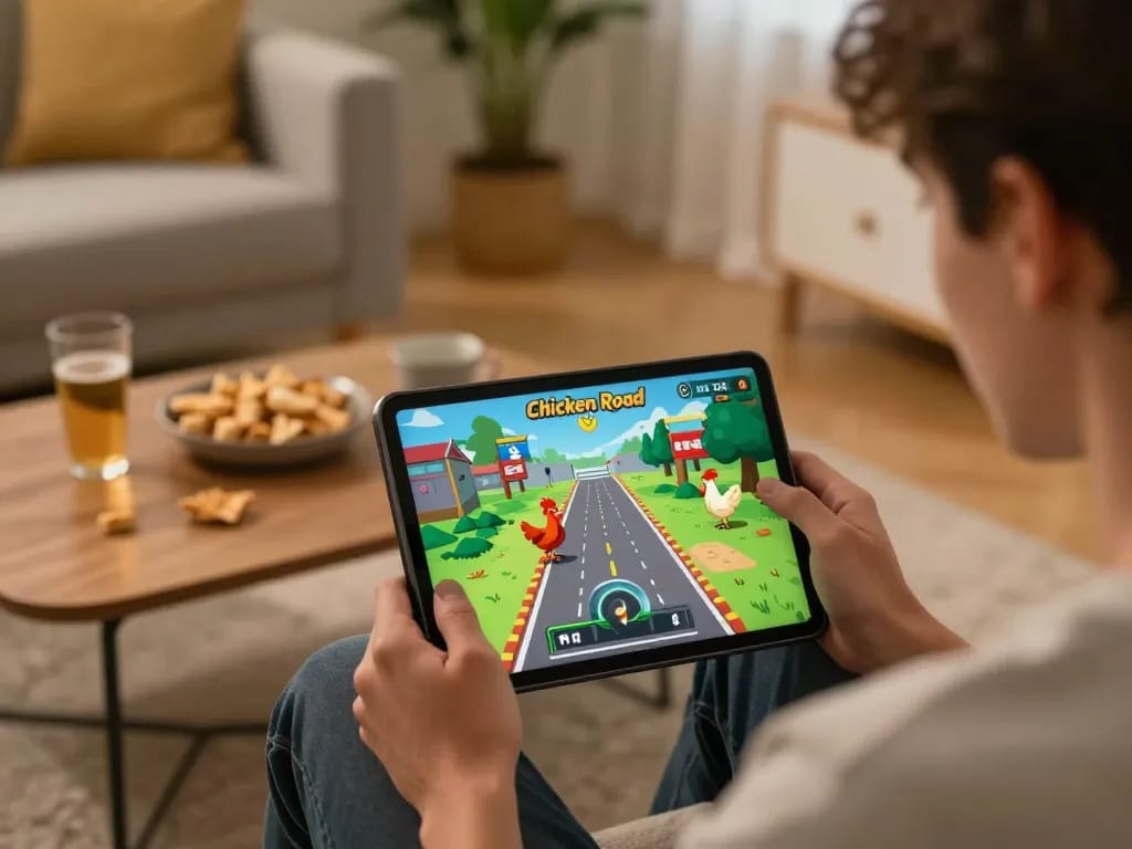 Scena coinvolgente di gameplay di Chicken Road recensioni su un tablet nel comfort di casa, mostrando l'emozione del casinò online.